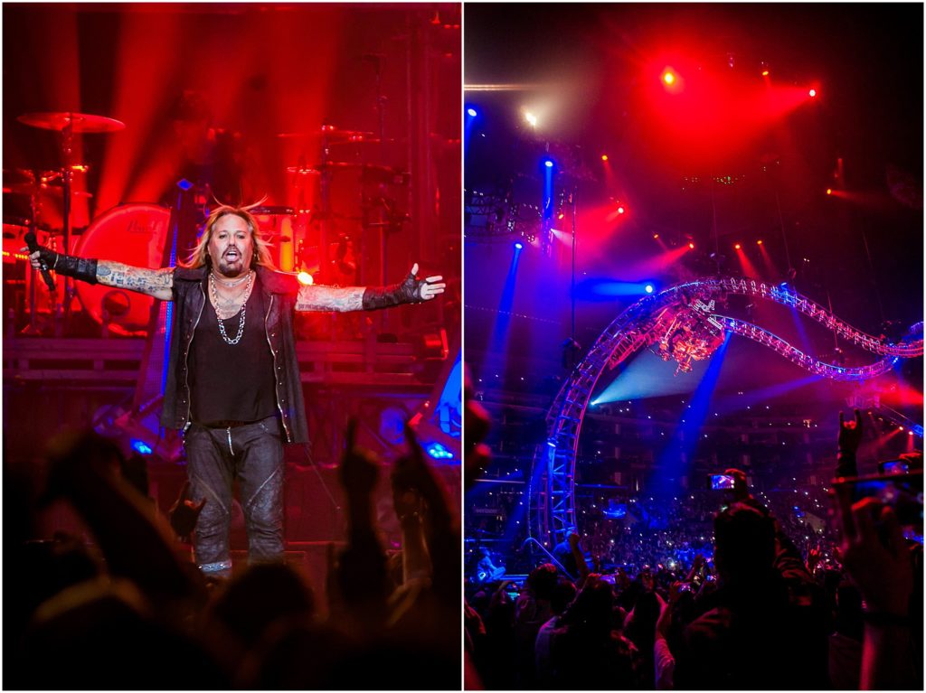 Motley Crue NYE Final Show at Staples Center 2015 - Nikki Sixx, Tommy Lee, stuck upside drum coaster, Vince Neil, Mick Mars