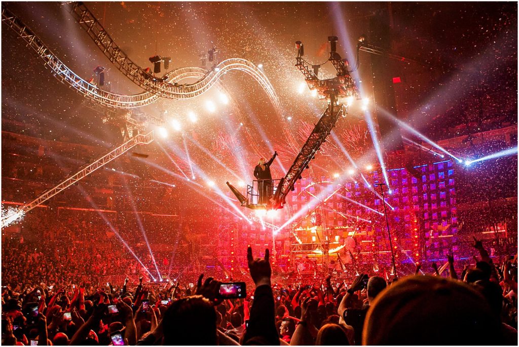 Motley Crue NYE Final Show at Staples Center 2015 - Nikki Sixx, Tommy Lee, stuck upside drum coaster, Vince Neil, Mick Mars