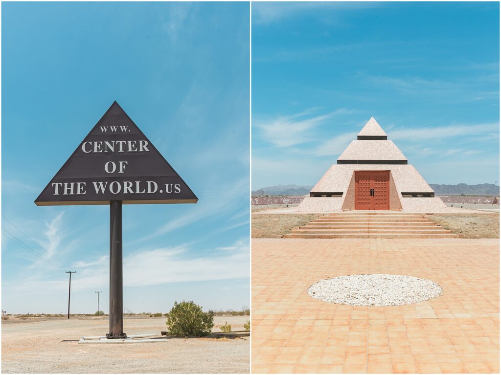 A Day in Yuma, Arizona. California roadside attractions: Felicity, CA: Center of the World Plaza pyramid chapel.