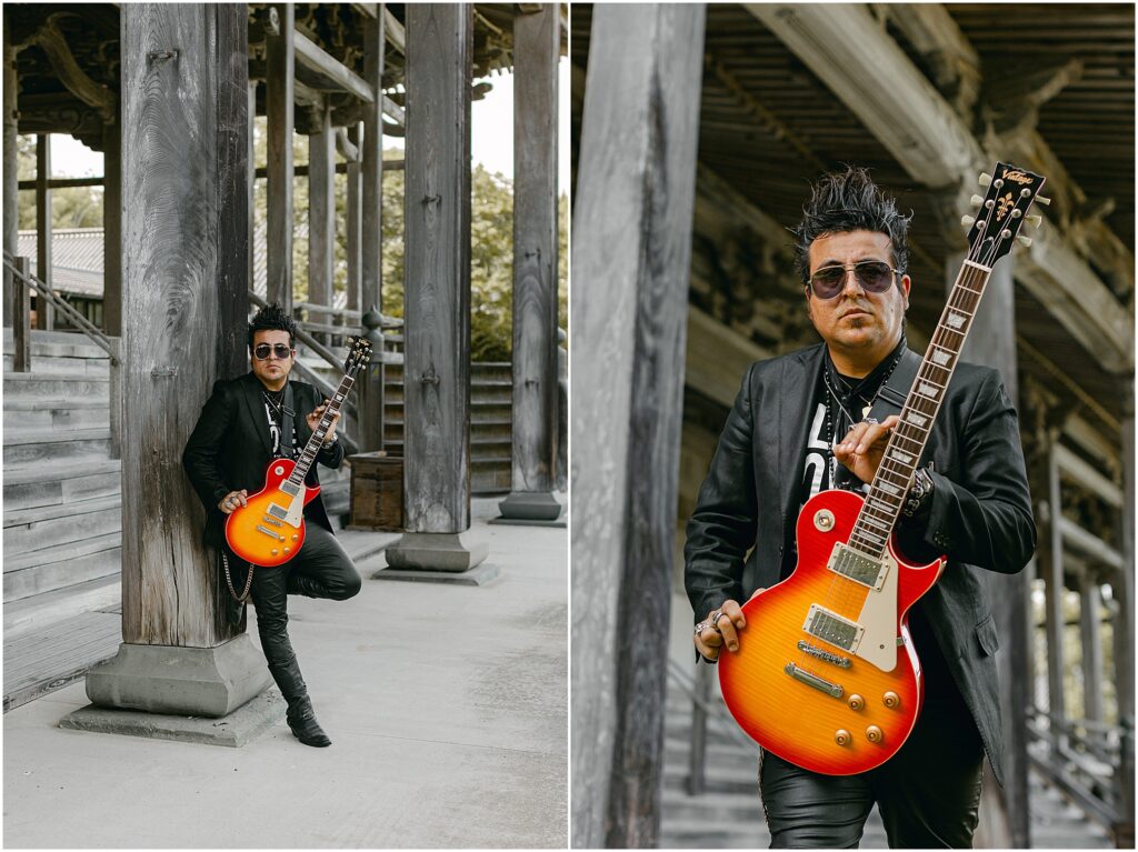 The Support Sake Tour! American rock band, The Falling Doves, traveled around Japan to perform their music and help bring some awareness to the diminishing Japanese sake industry by bridging music and culture. - A Noto-Matsunami temple shoot with Vintage Guitars.