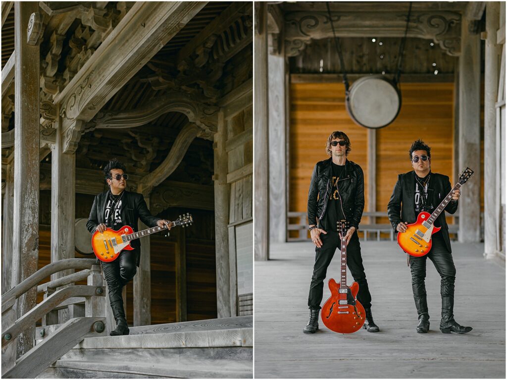The Support Sake Tour! American rock band, The Falling Doves, traveled around Japan to perform their music and help bring some awareness to the diminishing Japanese sake industry by bridging music and culture. - A Noto-Matsunami temple shoot with Vintage Guitars.