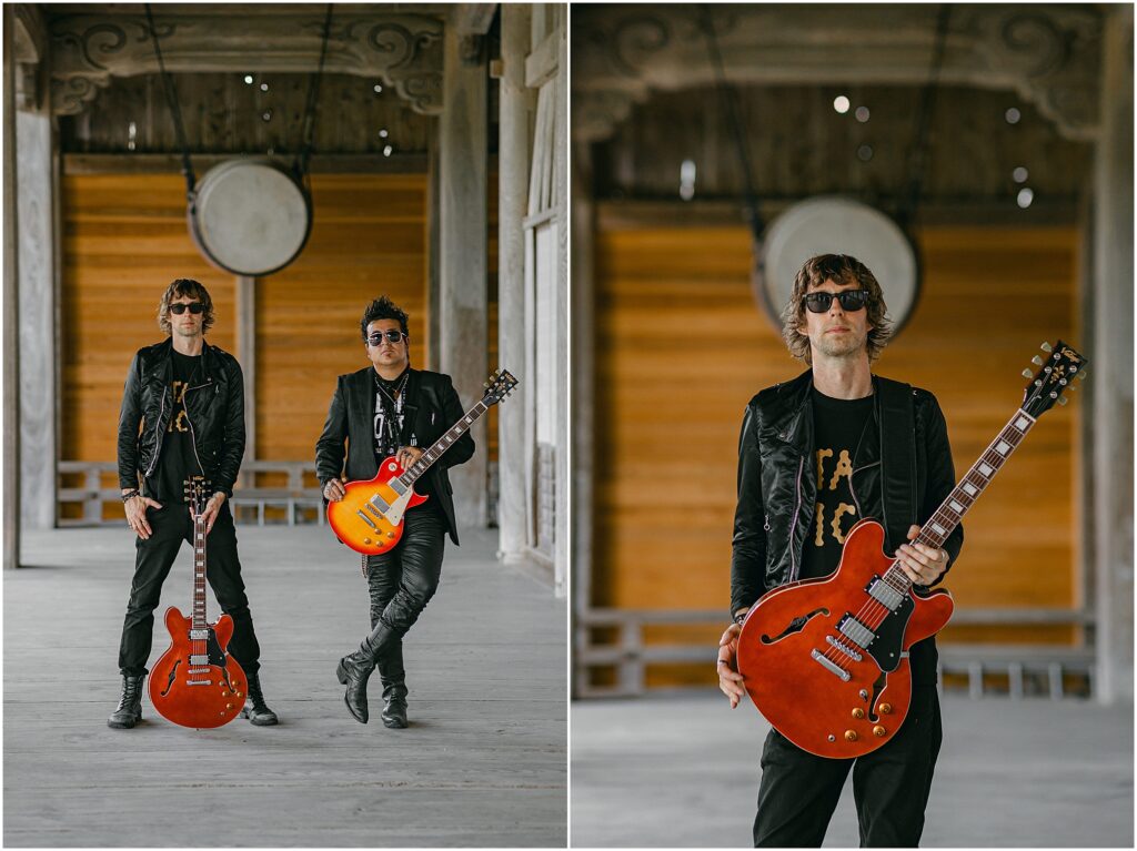 The Support Sake Tour! American rock band, The Falling Doves, traveled around Japan to perform their music and help bring some awareness to the diminishing Japanese sake industry by bridging music and culture. - A Noto-Matsunami temple shoot with Vintage Guitars.