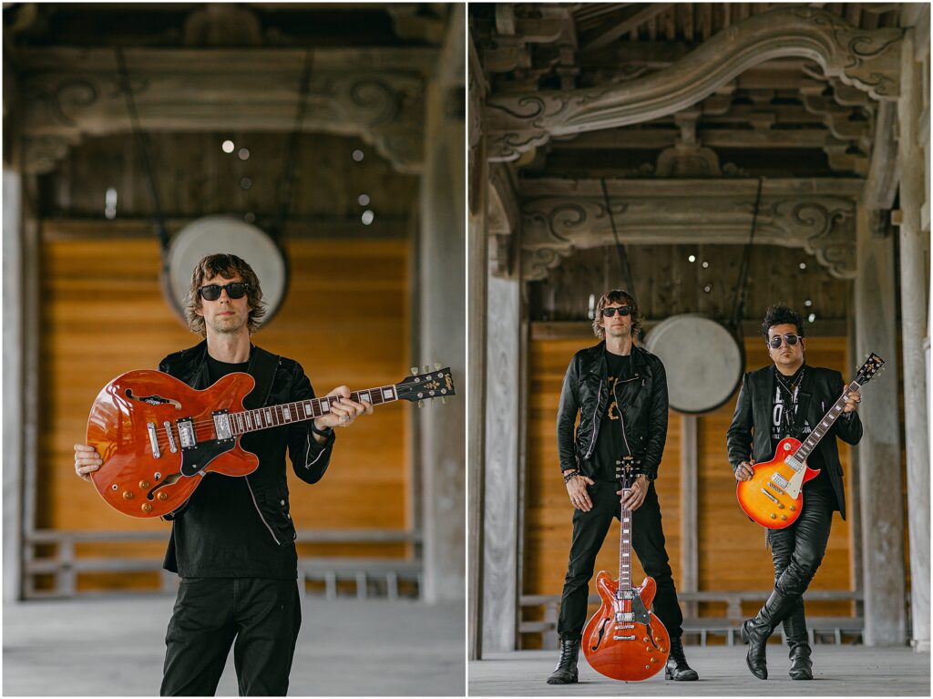 The Support Sake Tour! American rock band, The Falling Doves, traveled around Japan to perform their music and help bring some awareness to the diminishing Japanese sake industry by bridging music and culture. - A Noto-Matsunami temple shoot with Vintage Guitars.