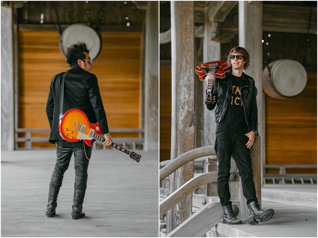 The Support Sake Tour! American rock band, The Falling Doves, traveled around Japan to perform their music and help bring some awareness to the diminishing Japanese sake industry by bridging music and culture. - A Noto-Matsunami temple shoot with Vintage Guitars.